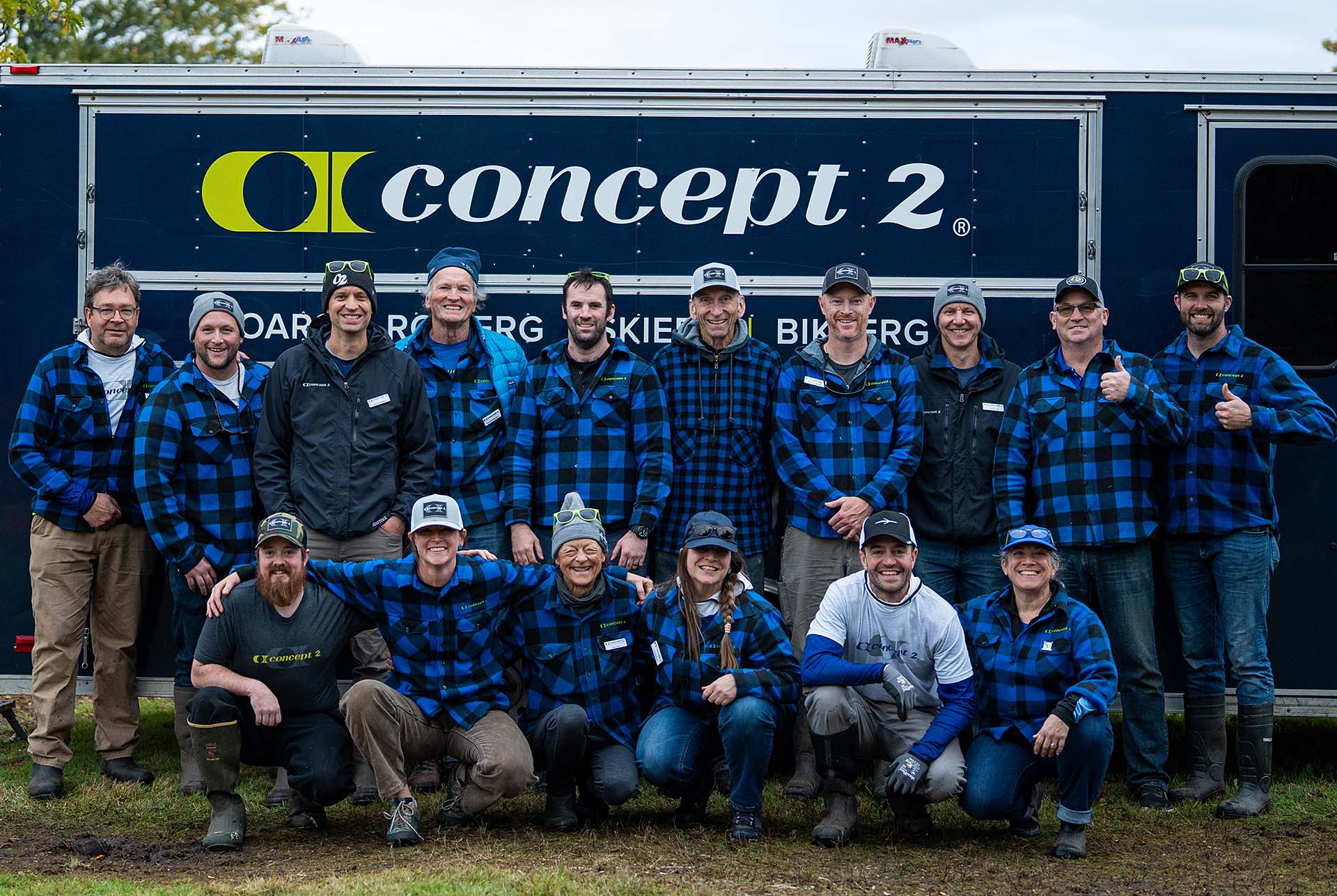 The Concept2 Regatta team in front of the oar trailer
