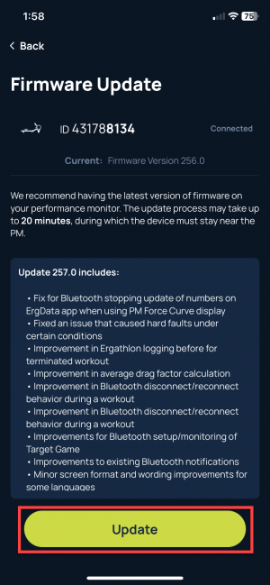 ErgData showing Update