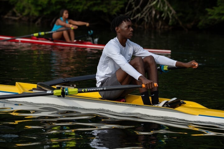 two scullers rowing at craftsbury outdoor center with concept2 oars