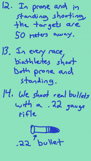 The targets are 50 meters away. In every race, athletes shoot both prone and standing. We shoot real bullets with a .22 gauge rifle.